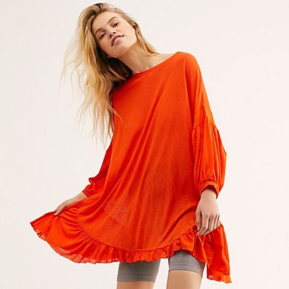 Free People Riverside Ruffle Linen Sharkbite Hem Boho Beachy Flowy Tunic